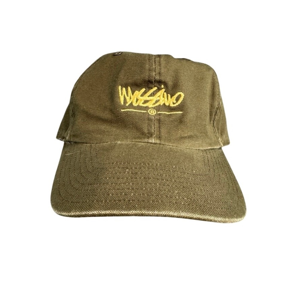 Vintage Mossimo Canvas Dad Hat Olive Green Embroidered Logo Leather Strapback
